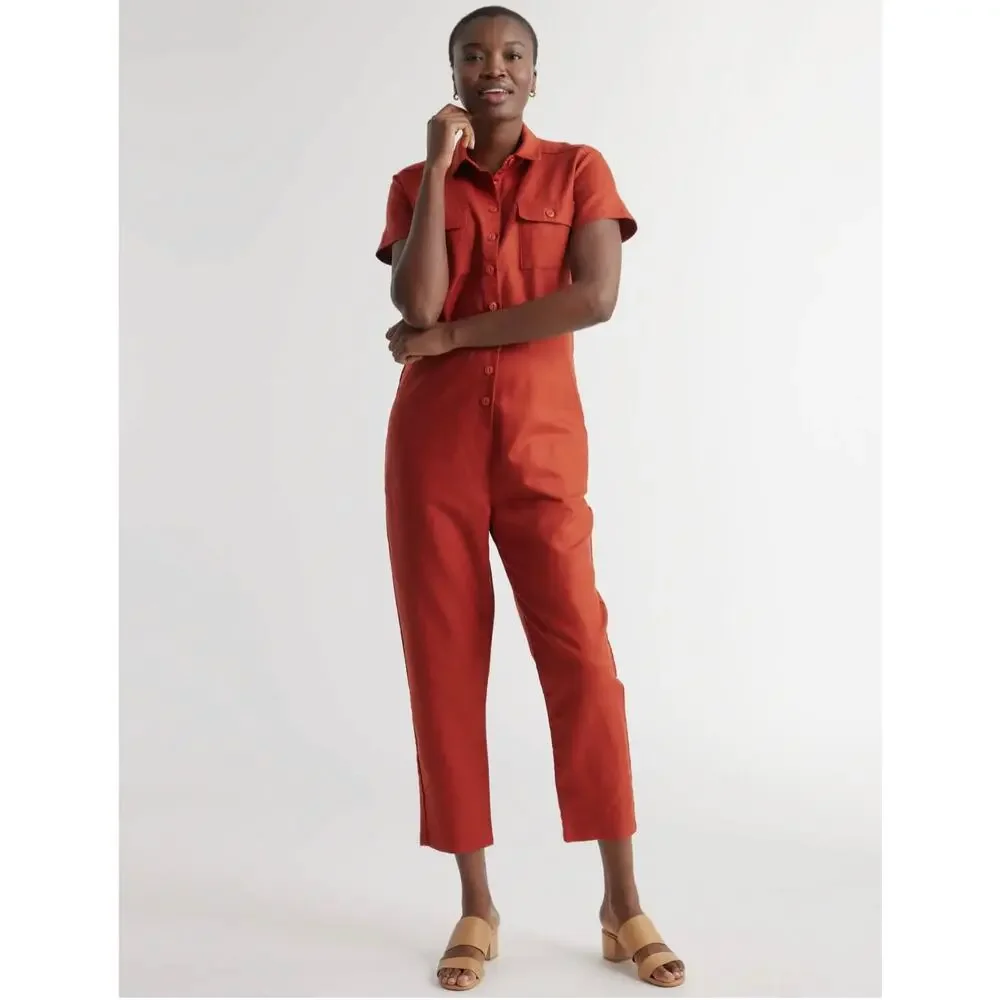 QUINCE Rust Red Cotton Linen Twill Short Sleeve Coverall Jumpsuit Medium